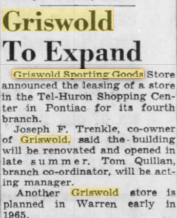 Griswold Sporting Goods - Article On Expansion To Pontiac In 1964